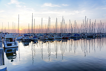 Yacht port at sunset, Seaside resort of Kuehlungsborn, Baltic sea, Mecklenburg-Western Pomerania, Germany