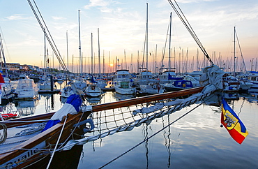 Yacht port at sunset, Seaside resort of Kuehlungsborn, Baltic sea, Mecklenburg-Western Pomerania, Germany