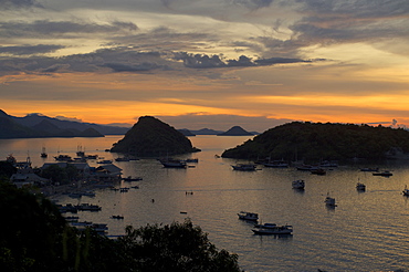 View above the harbour towards Komodo National Park, Labuhanbajo, West Flores, Nusa Tenggara, Lesser Sunda Islands, Indonesia, Southeast Asia, Asia