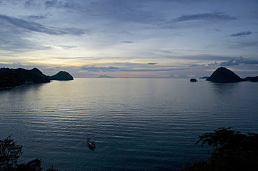 View above the harbour towards Gunung Api North of Komodo National Park, Labuhanbajo, West Flores, Nusa Tenggara, Lesser Sunda Islands, Indonesia, Southeast Asia, Asia