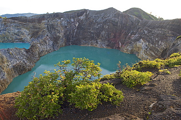 View down to the coloured lakes of the vulcano Kelimutu, Flores, Nusa Tenggara, Lesser Sunda Islands, Indonesia, Asia