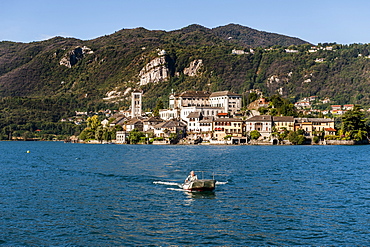 View over Lake Orta to Isola San Giulio, Piedmont, Italy