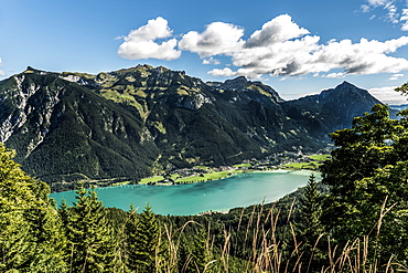 View over lake Achensee to Maurach, Eben am Achensee, Tyrol, Austria