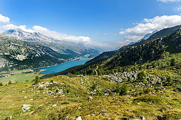 View over Lake Silvaplana and Silvaplana, Upper Engadin, Canton of Graubuenden, Switzerland