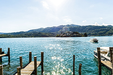 View over Lake Orta to Isola San Giulio, Orta San Giulio, Piedmont, Italy