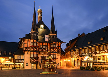 Town hall at night in Wernigerode, Harz, Saxony-Anhalt, Germany, Europe