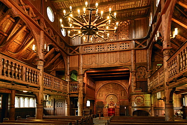 Interior of Stave church in Hahnenklee, Harz, Lower-Saxony, Germany, Europe