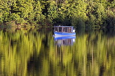 Boat on Rappbode-reservoir, Harz, Saxony-Anhalt, Germany, Europe