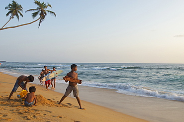 Palm trees bending over the beach, Surfer and children on the beach in the early evening, Hikkaduwa, Southwest coast, Sri Lanka