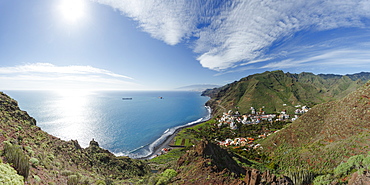 view from Igueste de San Andres to Santa Cruz and Teide mountain, Las Montanas de Anaga, natural preserve, Parque Rural de Anaga, coastline, Atlantic ocean, Tenerife, Canary Islands, Spain, Europe