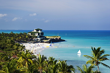 View along sandy beach to Villa Dupont, Varadero, Matanzas, Cuba, West Indies