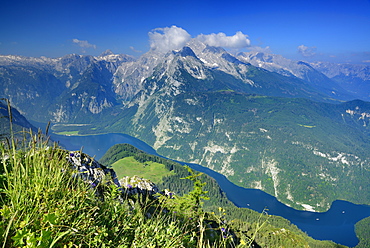 View from Jenner to lake Koenigssee, Steinernes Meer range and Watzmann, Jenner, Berchtesgaden range, National Park Berchtesgaden, Berchtesgaden, Upper Bavaria, Bavaria, Germany