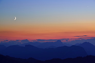 View from mount Stripsenkopf to Karwendel range, Guffert, Pendling and Veitsberg in the evening, Zahmer Kaiser, Kaiser mountain range, Tyrol, Austria