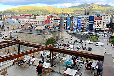 View from a cafe in Erzurum at Yakutiye Medrese, East Anatolia, East Turkey, Turkey