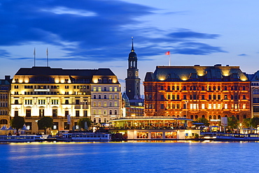 Binnenalster at night with illuminated church St. Michaelis, Binnenalster, Hamburg, Germany