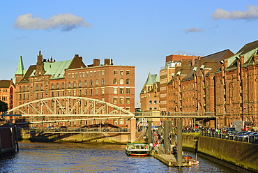 Warehouse district in Hamburg with Kibbelstegbruecke bridge, Warehouse district, Speicherstadt, Hamburg, Germany