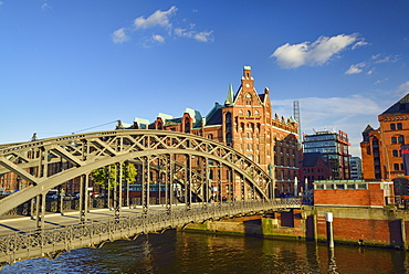 Bridge Brooksbruecke with Warehouse district in the background, Warehouse district, Speicherstadt, Hamburg, Germany