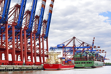 Container ships at container terminal Burchardkai, Waltershof, Hamburg, Germany