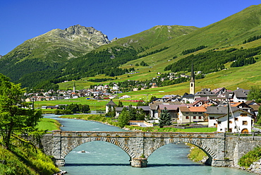 View over Inn river to S-chanf, La Plaiv, Upper Engadin, Canton of Graubuenden, Switzerland