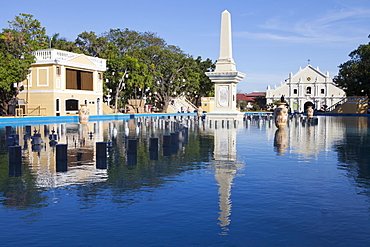 Obelisk in front of Vigan Cathedral in the historical city of Vigan, UNESCO World Heritage Site, Ilocos Sur province, on the mai