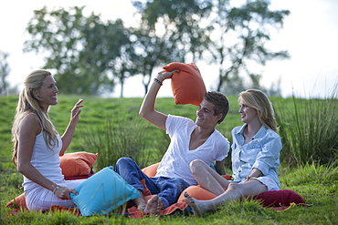 Young people having a picnic in a green field, Krautinsel, Chiemsee, Bavaria, Germany