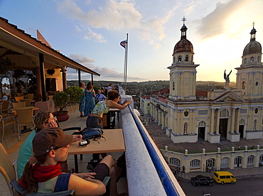 Terrace of Hotel Casa Granda, Catedral de Nuestra Senora de la Asuncion in background, Santiago de Cuba, Santiago de Cuba, Cuba, West Indies