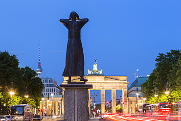 Scultures in front of the Brandenburg Gate, Alex TV Tower, Berlin, Germany