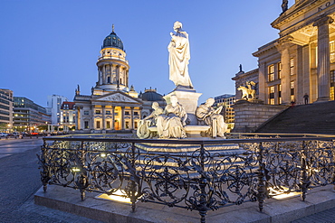 Schiller Statue, with concert hall and French cathedral, Gendarmenmarkt, Berlin, Germany