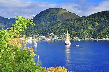 sailing boats and ships and mountains in the bay of Soufriere, St. Lucia, Saint Lucia, Lesser Antilles, West Indies, Windward Islands, Antilles, Caribbean, Central America