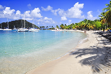 Beach with sailing ships, palms and bathing tourists, sea, Saltwhistle Bay, Mayreau, Tobago Cays, St. Vincent, Saint Vincent and the Grenadines, Lesser Antilles, West Indies, Windward Islands, Antilles, Caribbean, Central America