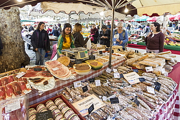 Market stall at Market Place Richelme, Deli Food, Sausages, Aix en Provence, Bouche du Rhone, Cote d'Azur, France