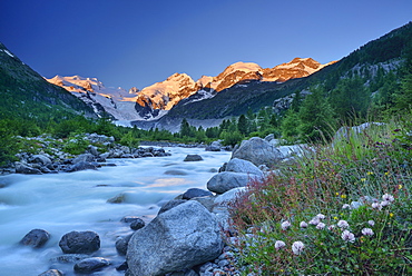 Stream in the mountains with view to Bernina range, valley of Morteratsch, Morteratsch, Bernina, Upper Engadin, Engadin, Grisons, Switzerland