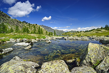 Lake Lago Bianco at hut Rifugio Barbustel, Natural Park Mont Avic, Graian Alps range, valley of Aosta, Aosta, Italy