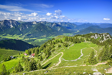 Hut Hubertushuette with Hochmiesing and Spitzing area in background, Breitenstein, Mangfall Mountains, Bavarian Prealps, Upper Bavaria, Bavaria, Germany