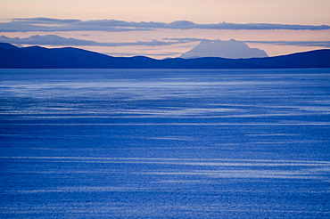 Lake Titicaca with Mount Illimani in the background, the highest peak of the Cordillera Real with an altitude of 6438 meters, Andes, Bolivia