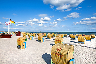 Beach with beach chairs, Groemitz, Baltic Coast, Schleswig-Holstein, Germany