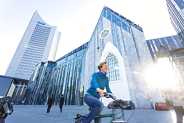 Paulineum, assembly hall and church of University of Leipzig, City Hochhaus, Panorama Tower, students on their bicycles, Augustus Plaza, Augustus Square, Leipzig, Saxony, Germany, Europe