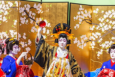 Stage performance in colorful costumes during Oiran-Doch Festival in Asakusa, Taito-ku, Tokyo, Japan