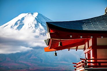 Close-up of Chureito Pagoda with Mt. Fuji out of focus in background, Fujiyoshida, Yamanashi Prefecture, Japan