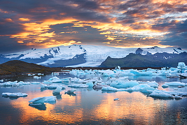 Sunset, Joekulsarlon, Glacier, Bay, Mountains, Iceland, Europe