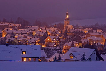 Cityscape with St. Ulrich church in winter, Schlettau, Ore mountains, Saxony, Germany