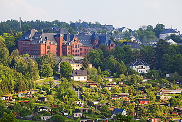 Cityscape with allotments, Annaberg-Buchholz, Ore mountains, Saxony, Germany