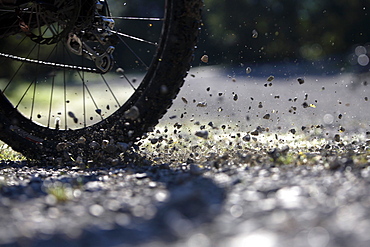 Wheel of a mountain bike on dirt road, Oberammergau, Bavaria, Germany