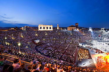 Open-air opera performance of Nabbuco in the evening in the Verona Arena, Verona, Veneto, Italy