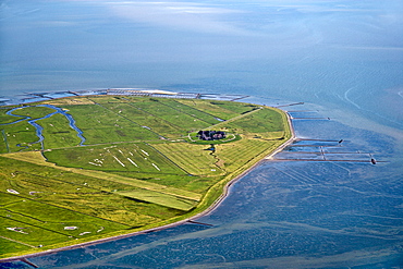 Aerial shot of Hallig Hooge, Schleswig-Holstein, Germany