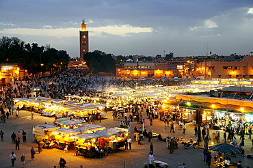 Illuminated snack stalls at the Place Jemaa el-Fna in the evening, Marrakesh, South Morocco, Morocco, Africa