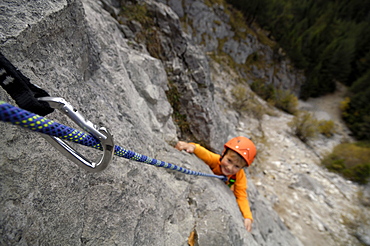 Child climbing in the mountains, Karwendel Mountains, Upper Bavaria, Bavaria, Germany