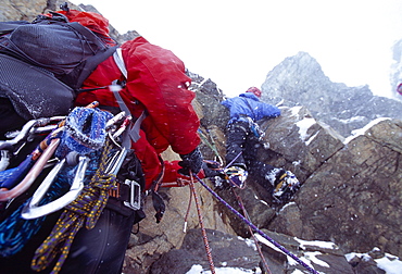 Mountaineers climbing, Bernina Range, Engadin, Grisons, Switzerland