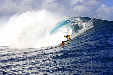 View to a barreling wave with a surfer, Teahupoo, Tahiti, French Polynesien, South Pacific