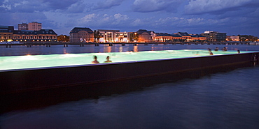 Bathing ship in River Spree at sunset, Badeschiff, Berlin, Germany